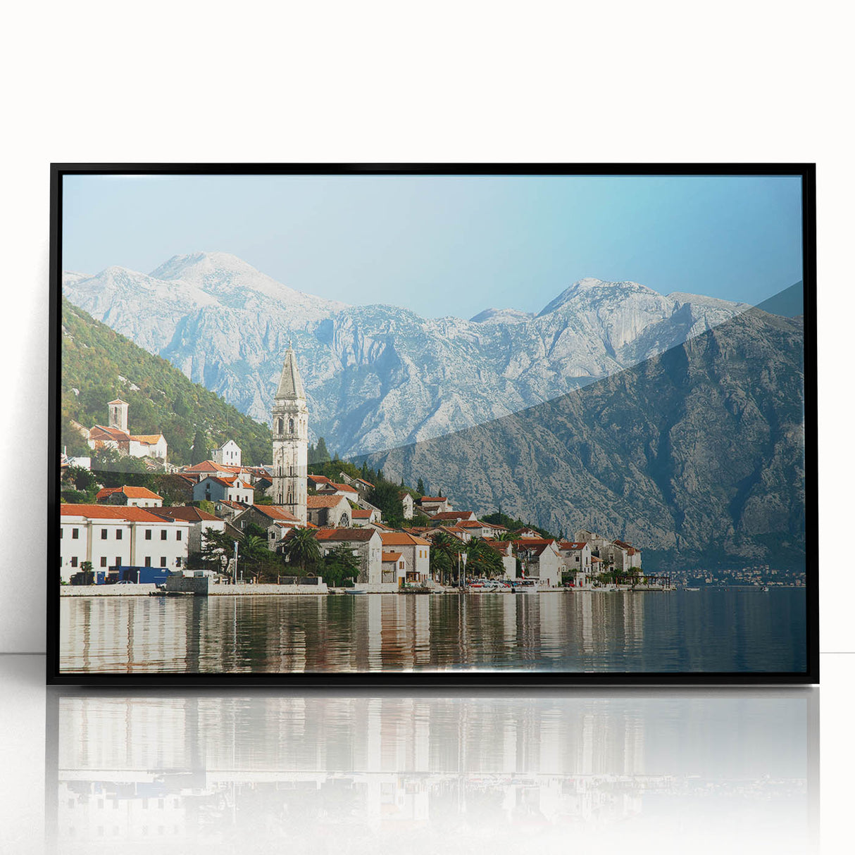 Large abstract wall art of a Montenegro scenery in muted earth tones on a framed acrylic, ideal for modern living room decor.