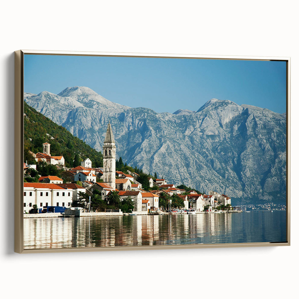Framed canvas of a vintage-style Montenegro landscape in muted gold and black tones, ideal for bedroom wall art.