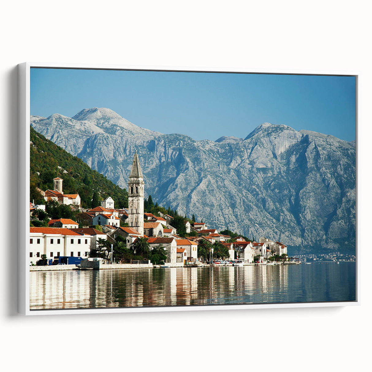 Vintage poster art of a Montenegro scenery on framed canvas with vibrant colors, ideal for living room decor.