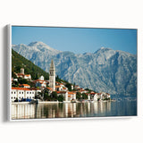 Vintage poster art of a Montenegro scenery on framed canvas with vibrant colors, ideal for living room decor.