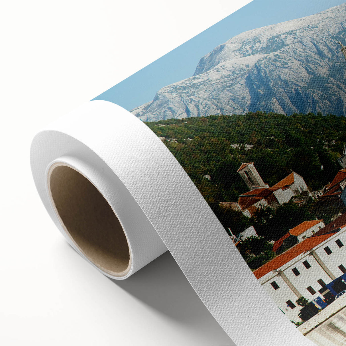 Art Deco style poster of a Montenegro scenery in muted pastel colors on rolled canvas, ideal for nursery wall art.