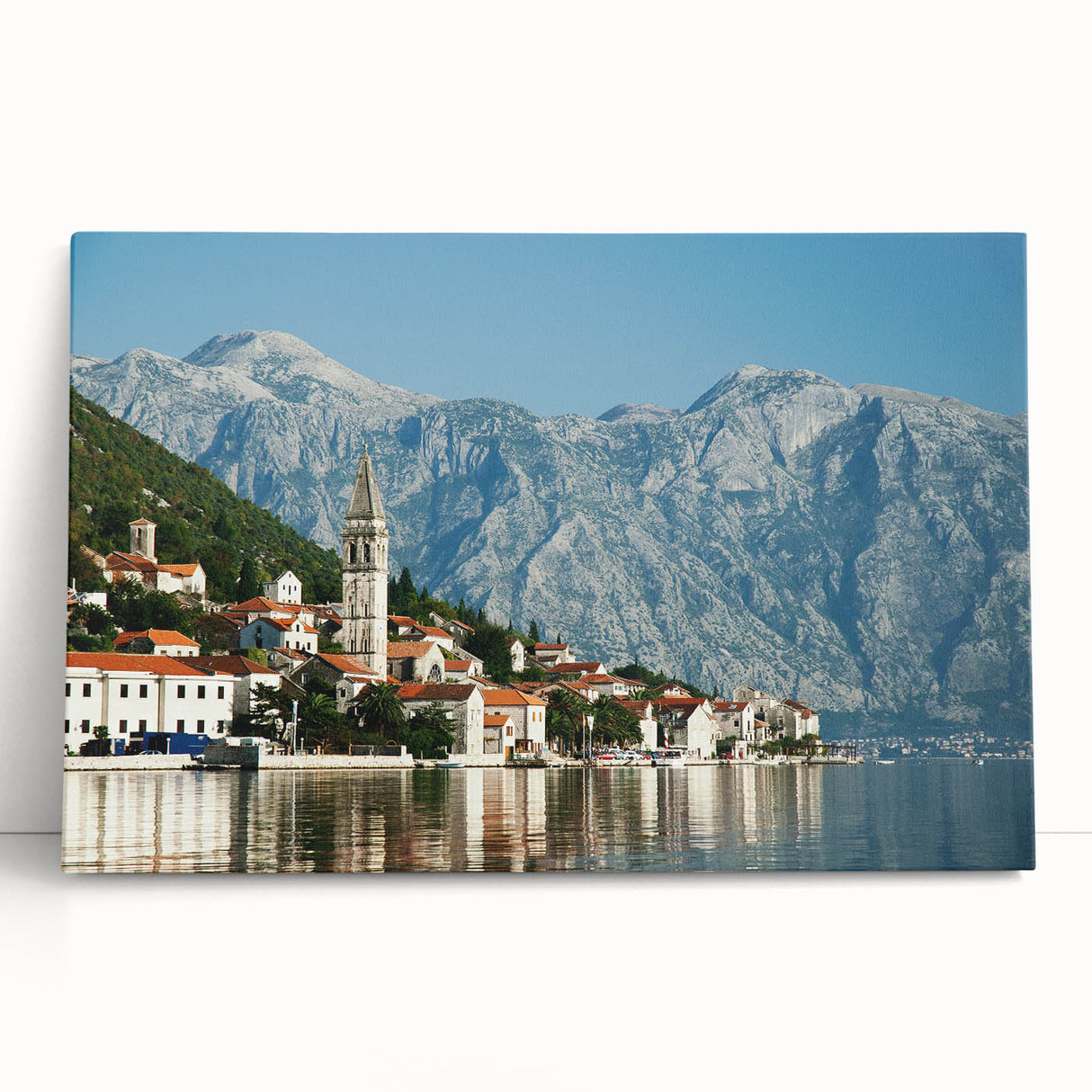 Black and white large art print of Montenegro scenery on stretched canvas, ideal for kitchen wall art.
