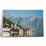 Black and white large art print of Montenegro scenery on stretched canvas, ideal for kitchen wall art.