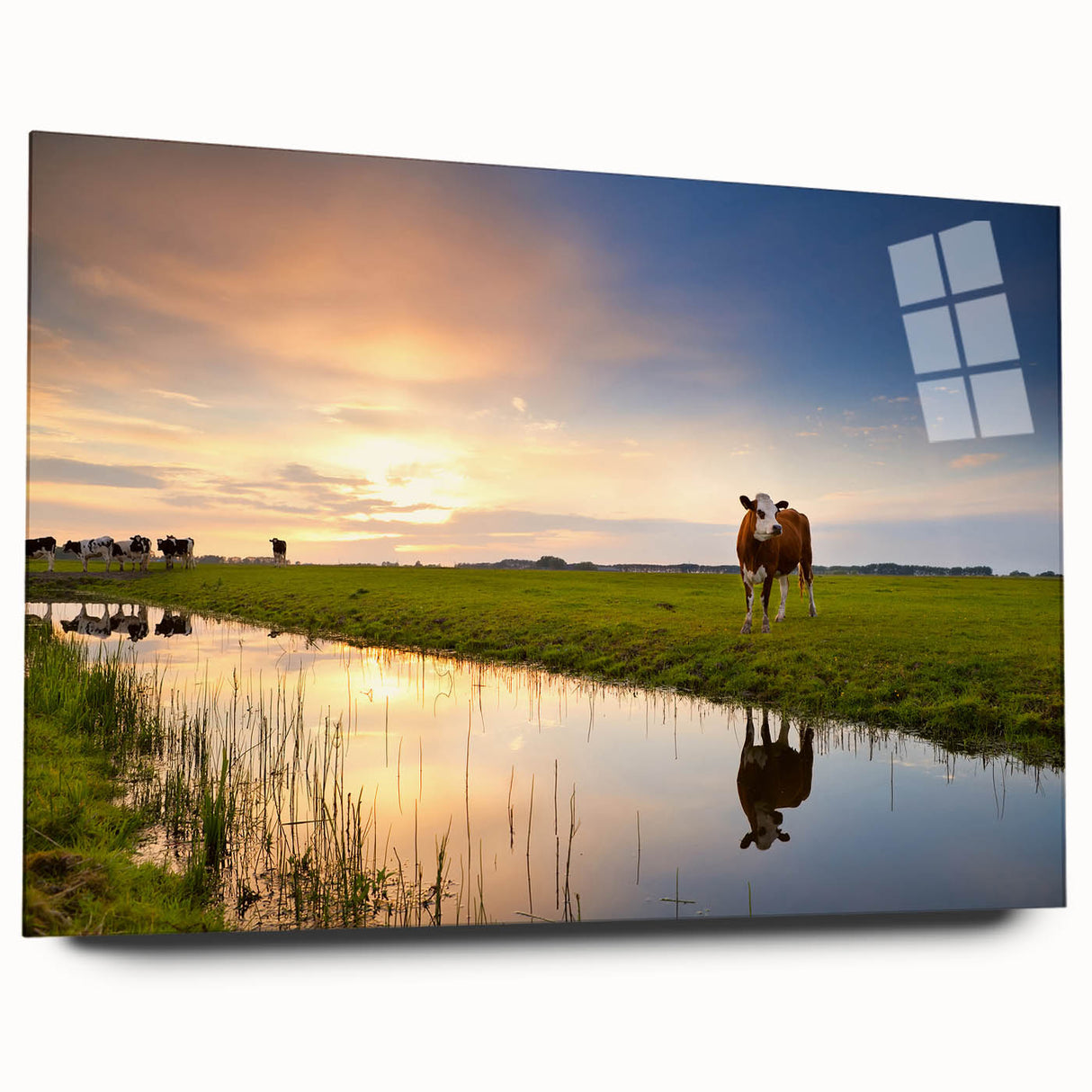 Acrylic glass print of a serene Dutch landscape in muted green and blue tones, ideal for bedroom or dining room art.