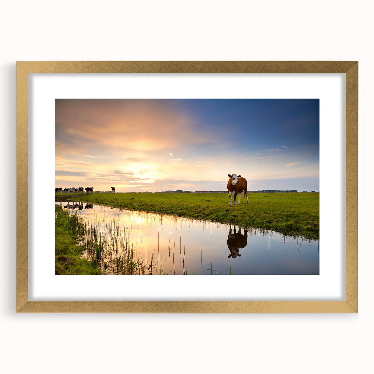 Abstract art print of a European scenery in muted gold and blue tones on a framed canvas, suitable for dining room decor.