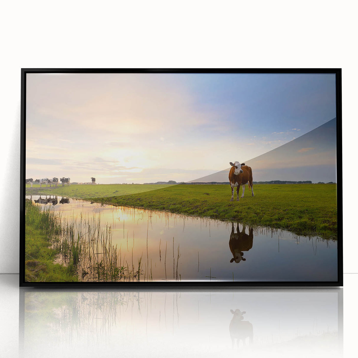 Large abstract wall art depicting a stylized European landscape in muted earth tones, framed in black acrylic.