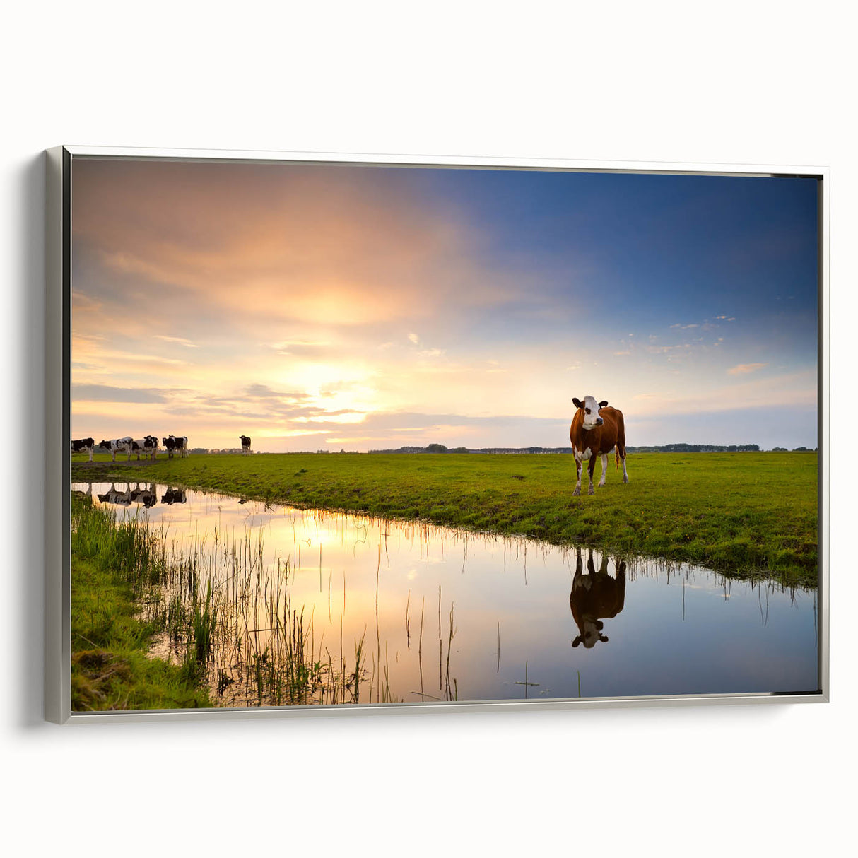Framed canvas landscape art painting of a European countryside in muted earth tones, ideal for a living room or study.