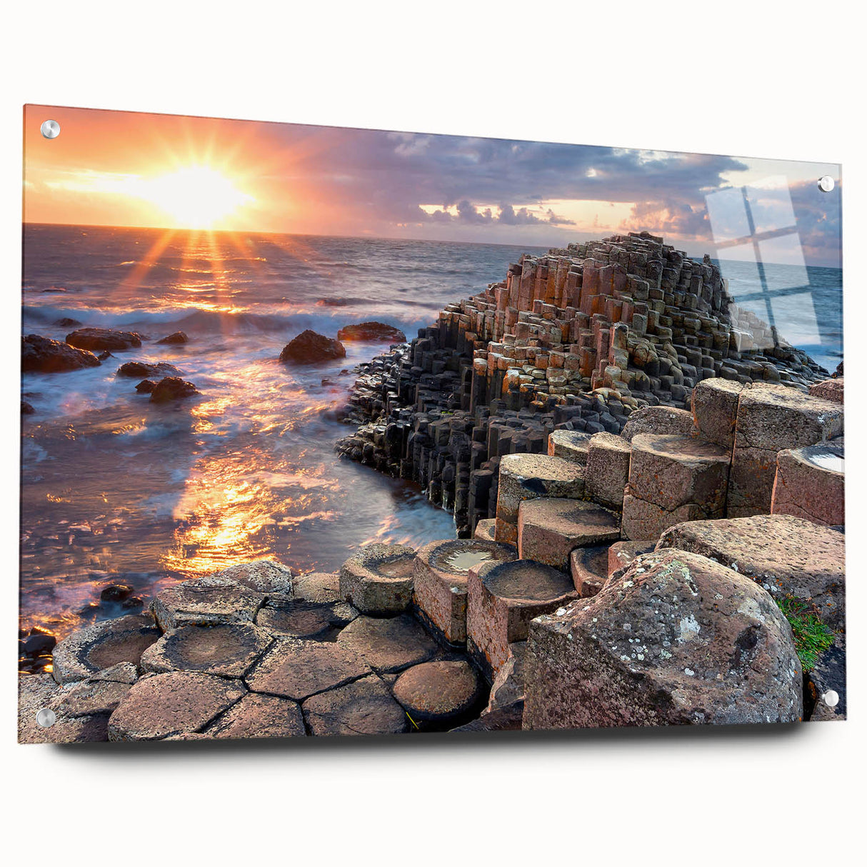 Acrylic print of Northern Ireland scenery with green fields under cloudy skies, ideal for bedroom or dining room decor.