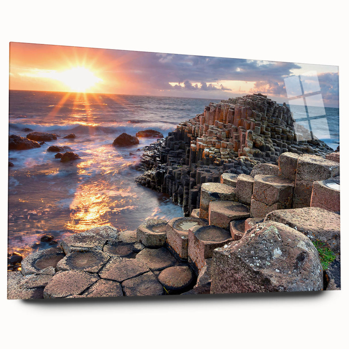 Acrylic print of a Northern Ireland landscape in muted green and blue tones, suitable for bedroom or dining room art.