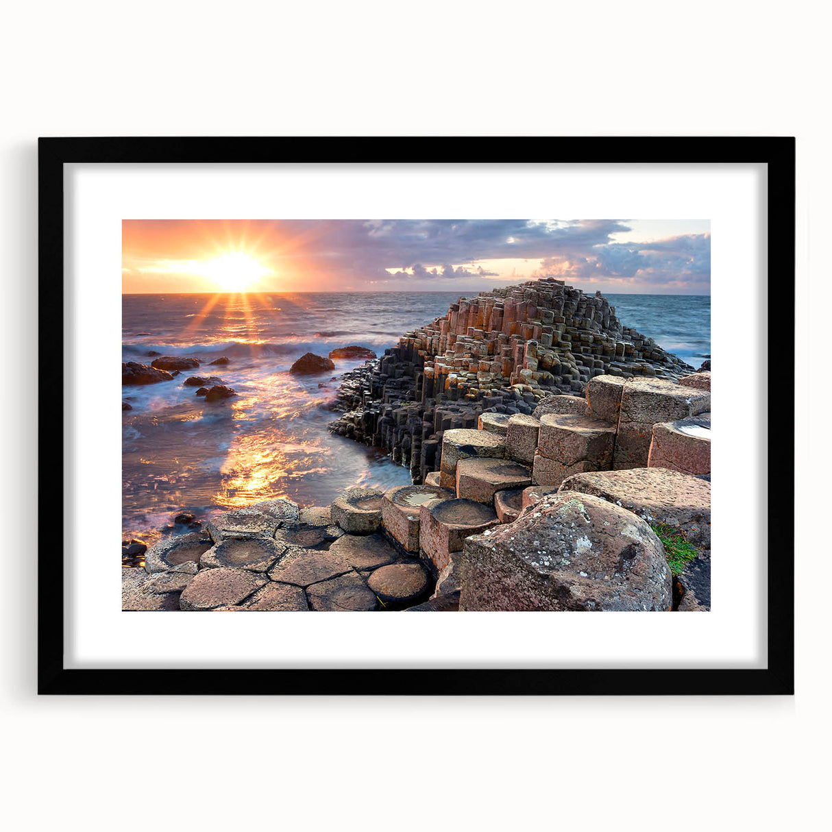 Extra large textured abstract art print depicting vibrant, colorful scenery of Northern Ireland on a framed black mat.