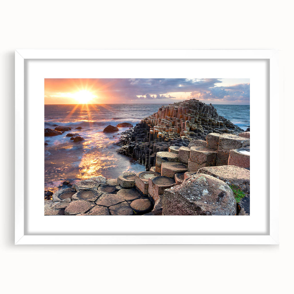 Textured art featuring abstract depiction of Northern Ireland scenery in muted green and blue tones, framed with a white mat.