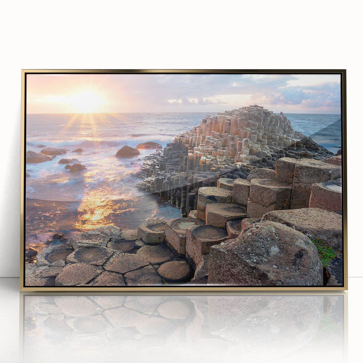 Art deco poster of a Northern Ireland landscape in muted green and gold tones, framed acrylic.