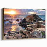 Framed canvas depicting a vintage-style landscape painting of Northern Ireland, with muted green and gold tones.