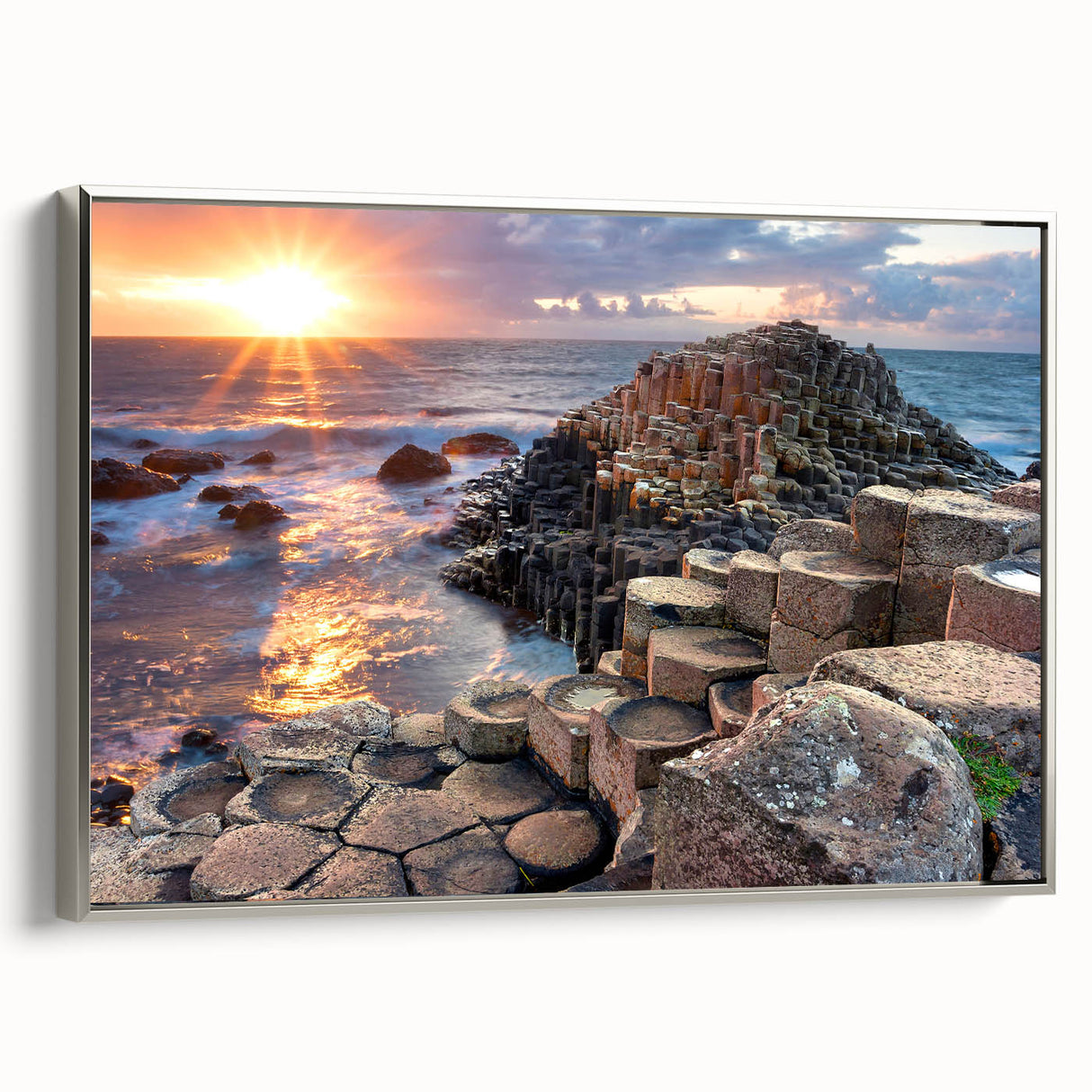 Framed canvas of a vintage-style Northern Ireland landscape in muted greens and blues, ideal for living room decor.