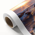 Art deco poster of Northern Ireland scenery on rolled canvas, featuring muted green and blue tones.