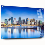 Acrylic print of a serene Norwegian landscape in muted green and blue tones, suitable for bedroom or dining room decor.