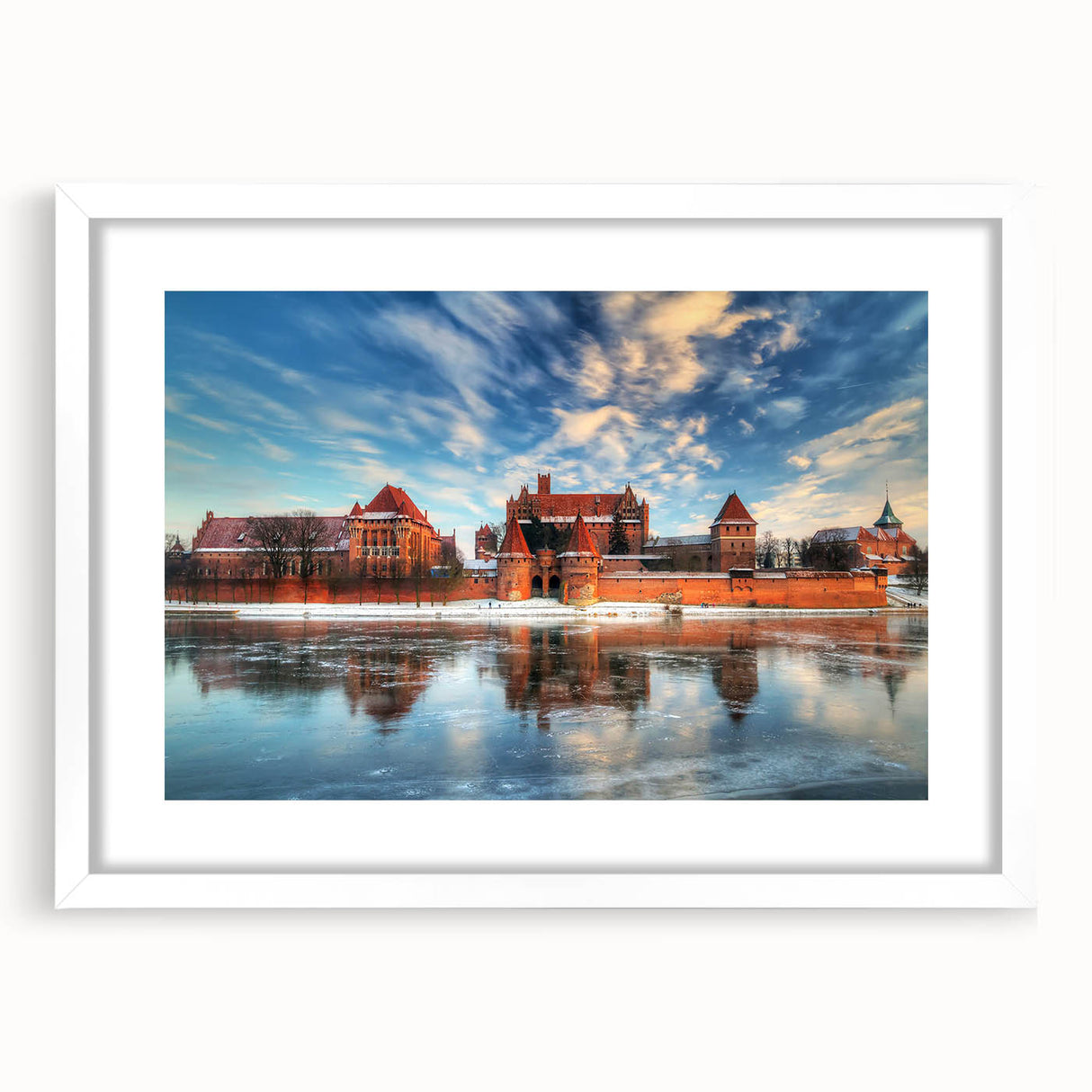 Textured art print of an abstract European scenery in muted earth tones, framed with a white mat.