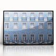 Large abstract wall art depicting Lisbon's urban scenery in muted greens and blues on a framed acrylic.
