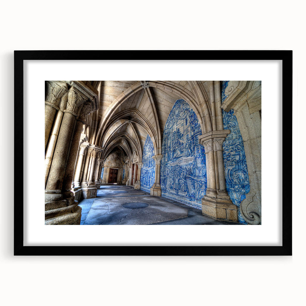 Colorful abstract art print of Porto scenery in vibrant hues on a large framed canvas, ideal for living room decor.