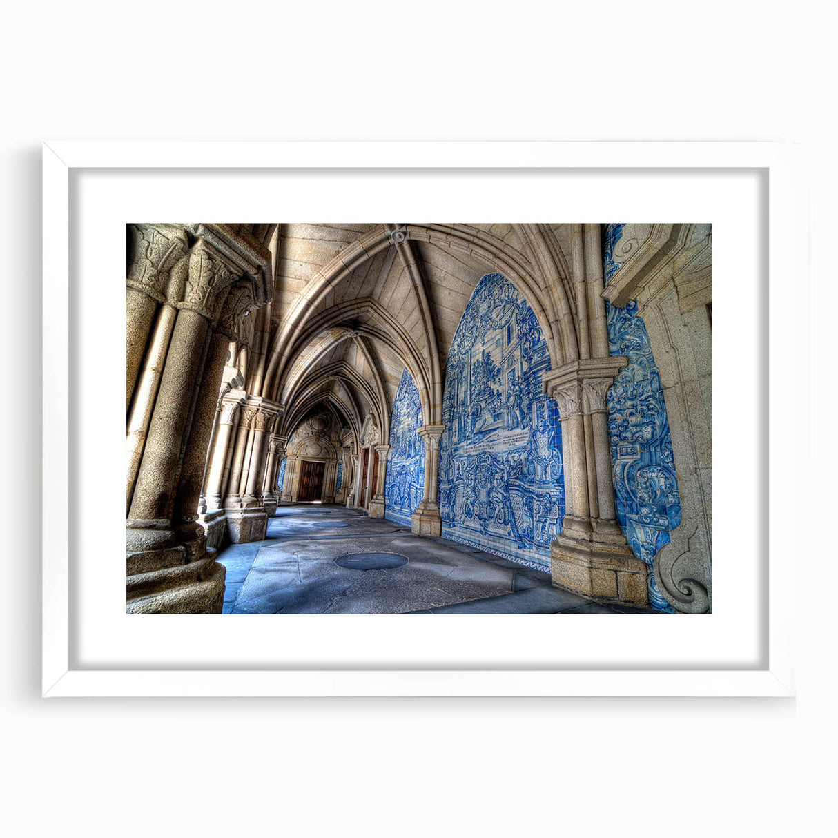 Textured art print of Porto, Portugal, in abstract style with muted blue and white tones on a framed poster.