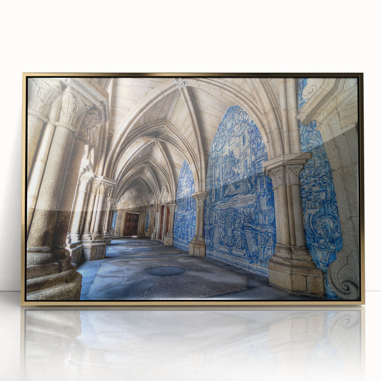 Art deco poster of Porto, Portugal in muted gold and blue hues on framed acrylic, suitable for modern art wall decor.