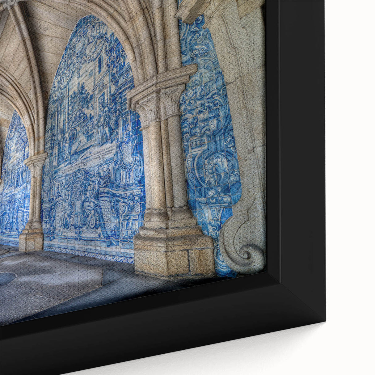 Extra large framed canvas of a textured, colorful Porto scenery in black, ideal for living room decor.