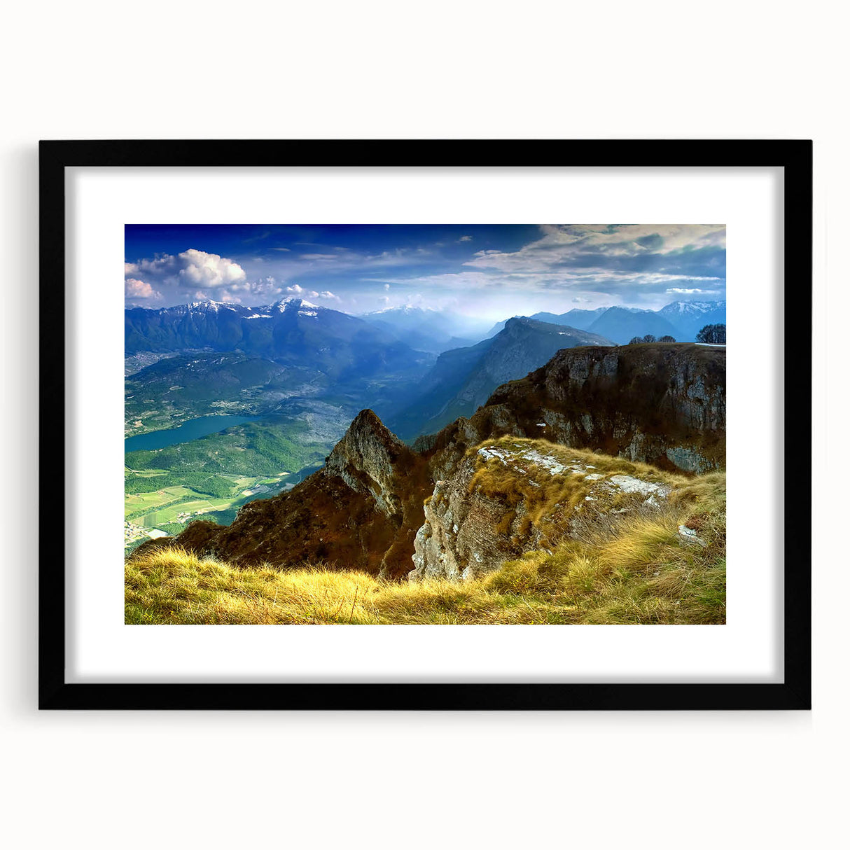 Extra large abstract art print of colorful, textured European scenery on a framed black mat, ideal for living room decor.