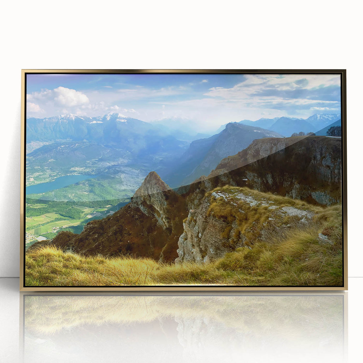 Art deco poster of a Romanian landscape in muted gold and green tones, framed acrylic, suitable for modern art wall decor.