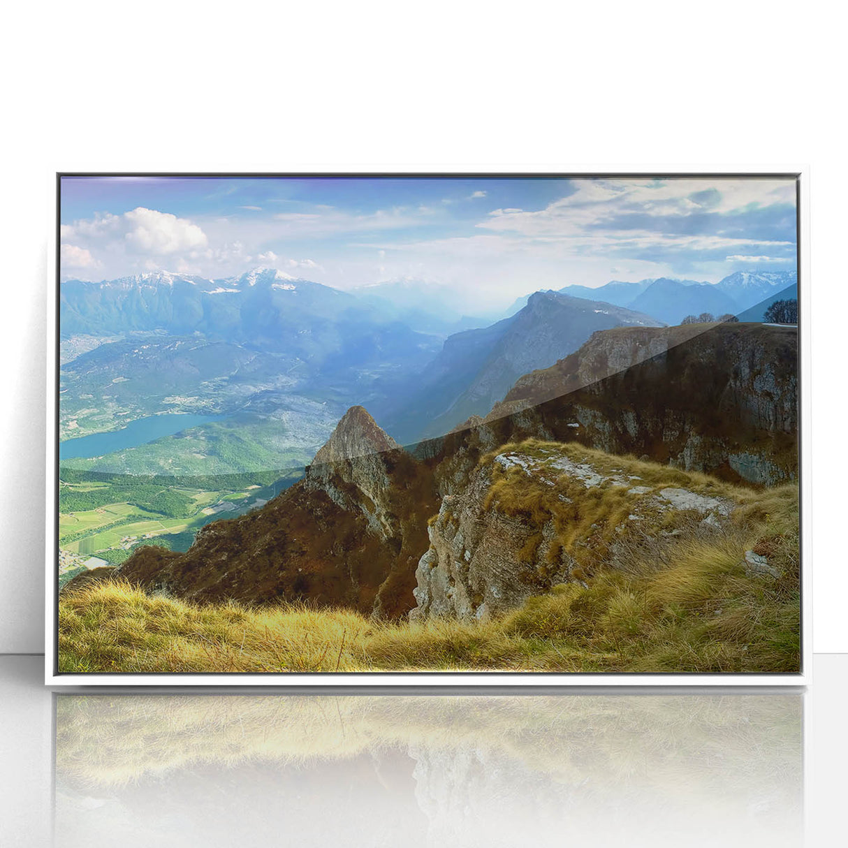 Mid-century modernist art depicting a serene Romanian landscape in muted earth tones on a framed acrylic print.