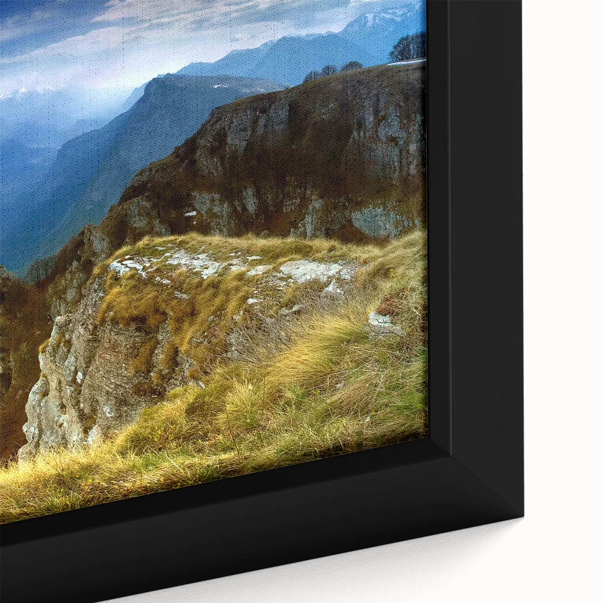 Black wall art featuring a textured, colorful European scenery on a large framed canvas, ideal for living room decor.
