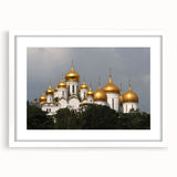 Textured art print of an abstract Moscow cityscape in muted gray and blue, framed in white, ideal for bedroom wall decor.