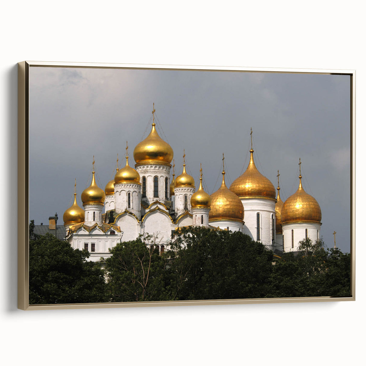 Framed canvas of a vintage-style Moscow landscape in black and gold, ideal for bedroom wall art.