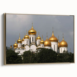 Framed canvas of a vintage-style Moscow landscape in black and gold, ideal for bedroom wall art.
