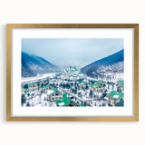 Abstract art print of Sochi scenery in muted earth tones, framed in gold with a mat, suitable for dining room decor.