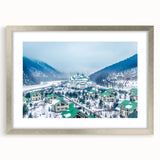 Extra large textured abstract art print of a European scenery in muted earth tones, framed in silver.
