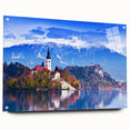 Acrylic print of a Slovenian landscape, featuring lush greenery and mountains, ideal for dining room decor.