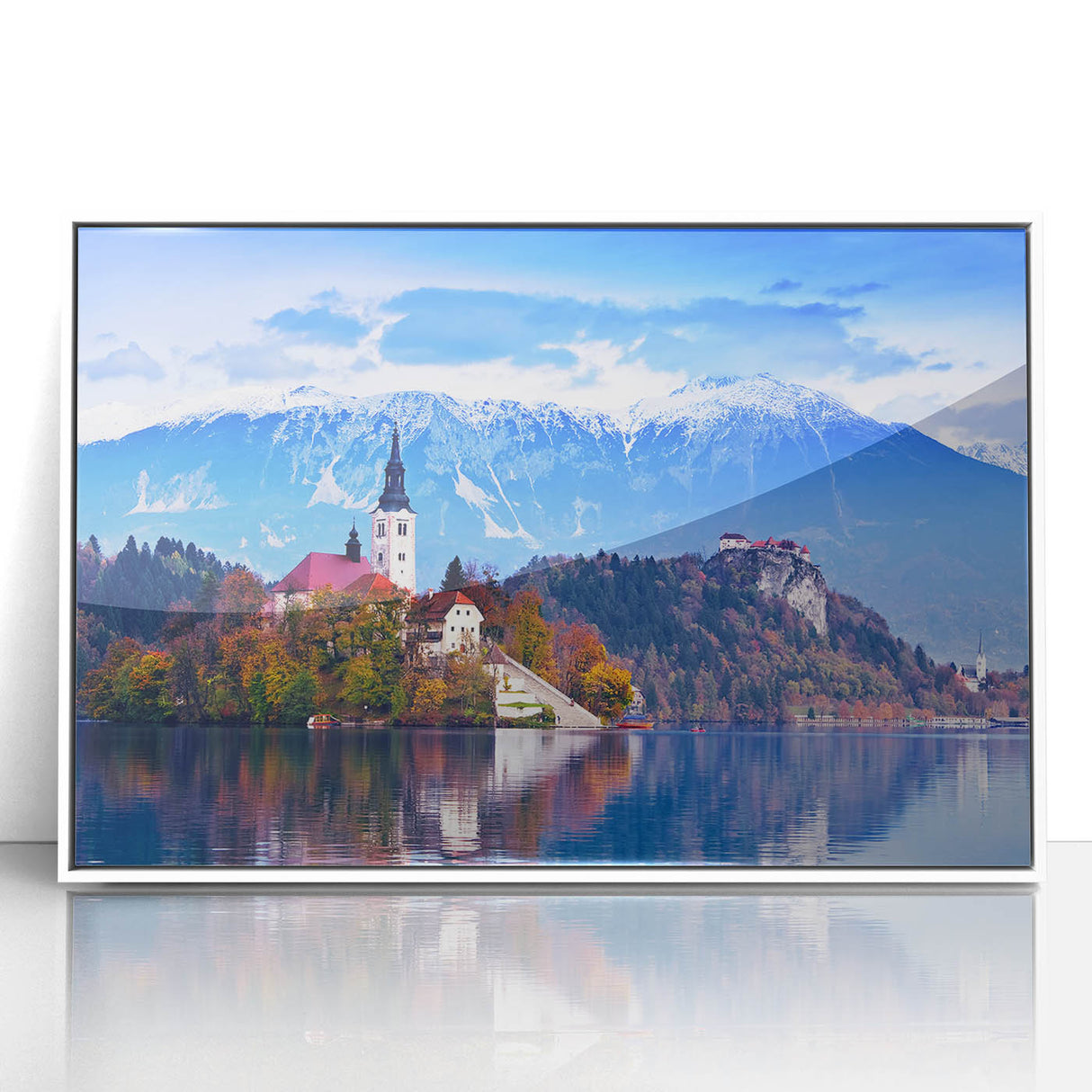 Framed acrylic print of a Slovenian landscape in muted green and blue tones, ideal for modern art wall decor.