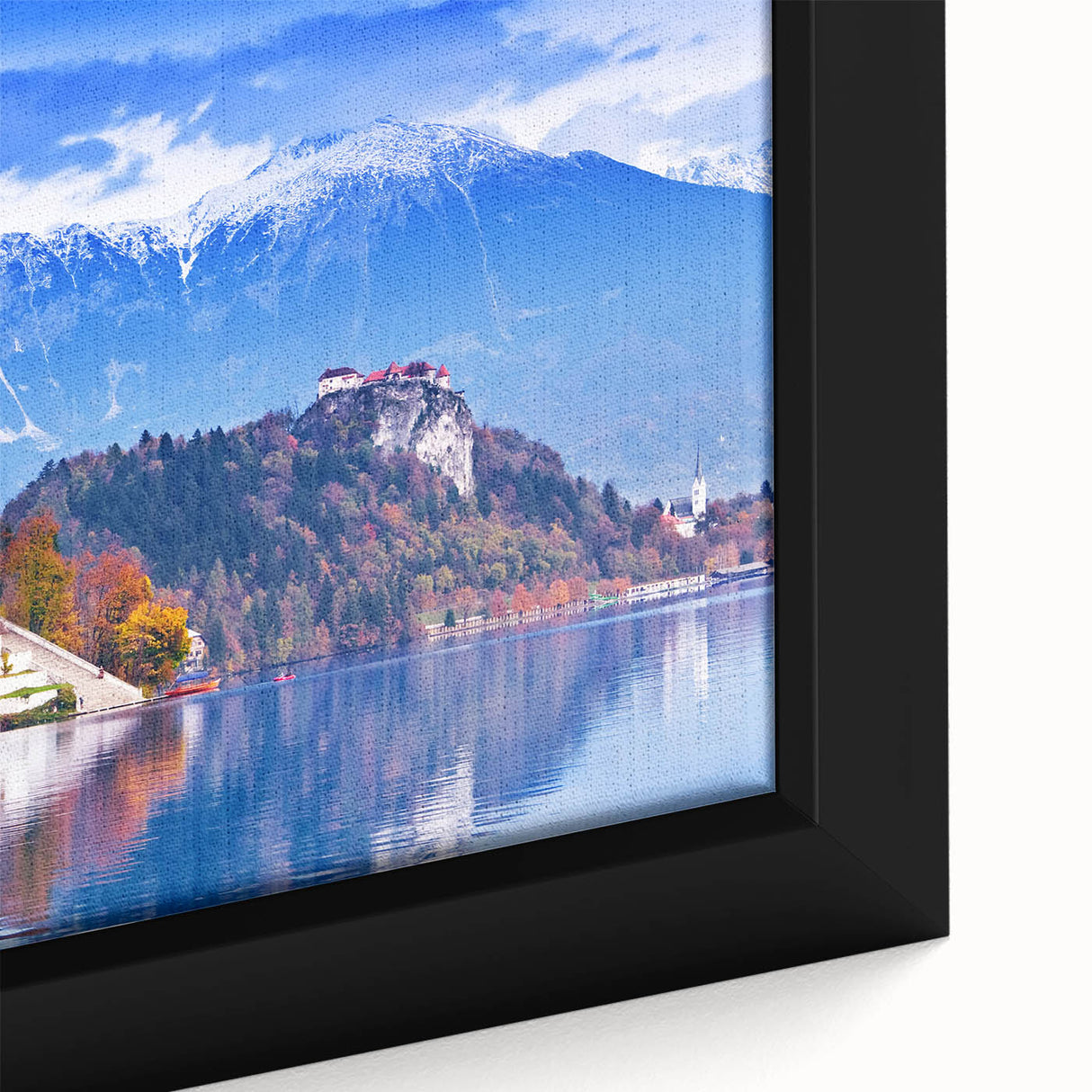 Extra large framed canvas of a textured black wall art depicting a colorful Slovenian landscape, ideal for living room decor.