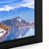 Extra large framed canvas of a textured black wall art depicting a colorful Slovenian landscape, ideal for living room decor.