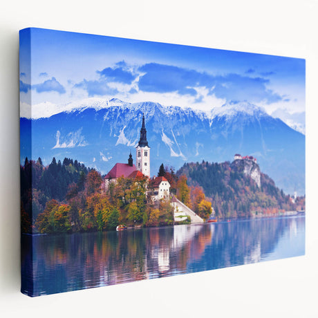Lake Bled, Slovenia landscape on large stretched canvas with serene blue and green tones, suitable for kitchen wall art.