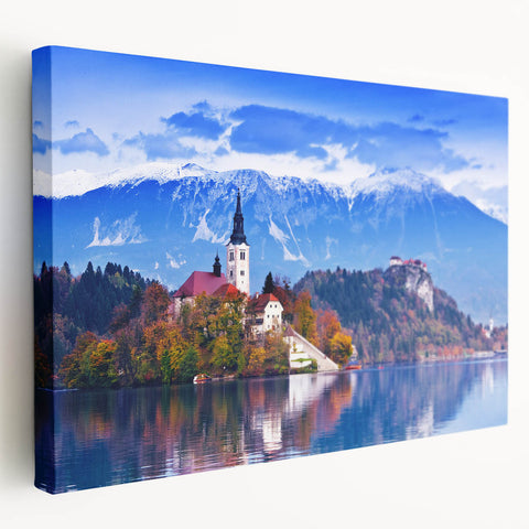 Lake Bled, Slovenia landscape on large stretched canvas with serene blue and green tones, suitable for kitchen wall art.