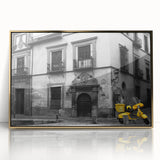 Mid-century modernist art depicting Andalucia, Spain scenery in gold tones on framed acrylic.