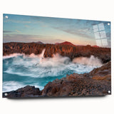 Acrylic print of a large abstract depiction of a European scenery with vibrant blue and green tones.
