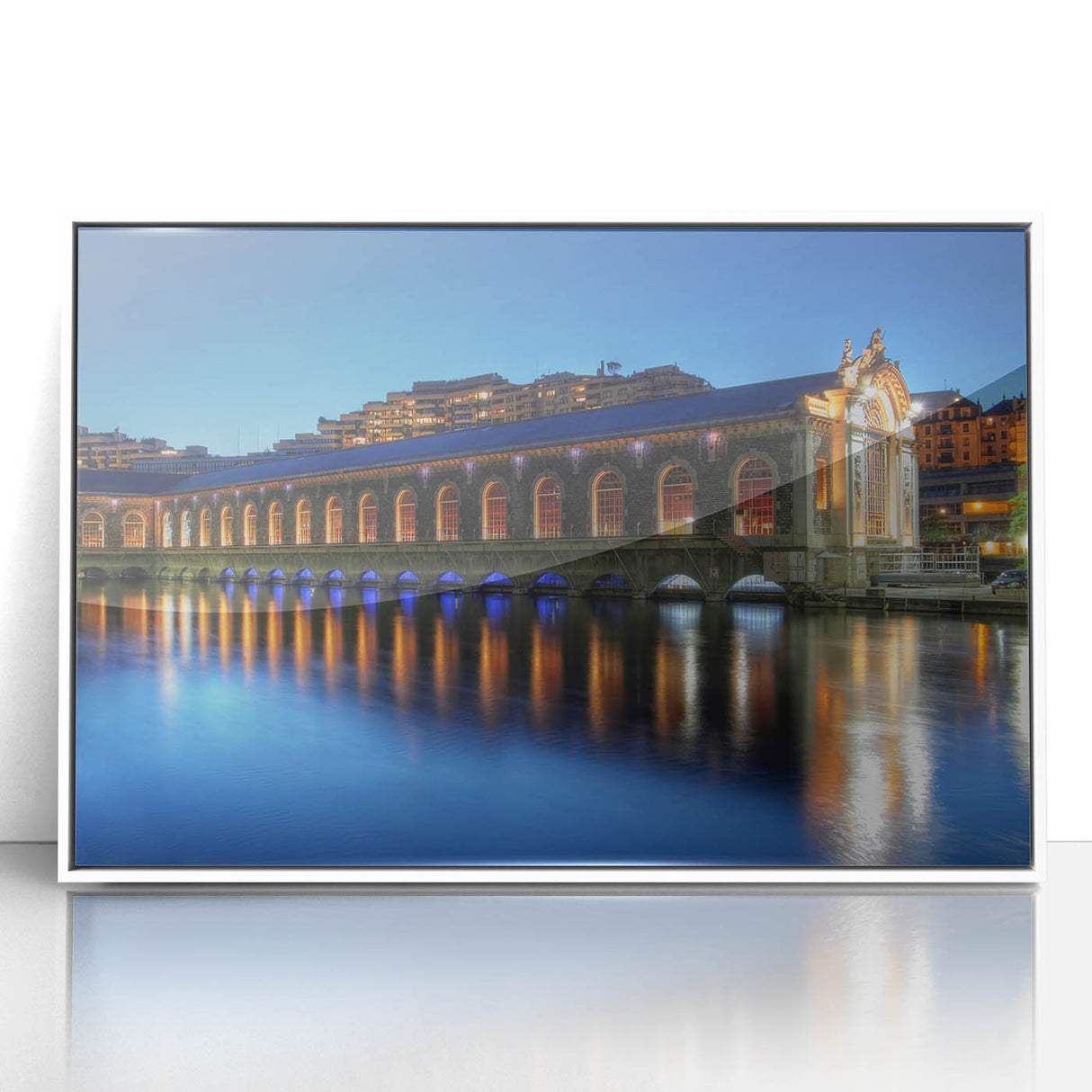 Acrylic print of Geneva scenery with muted blue and white tones in art deco style, ideal for modern art wall decor.