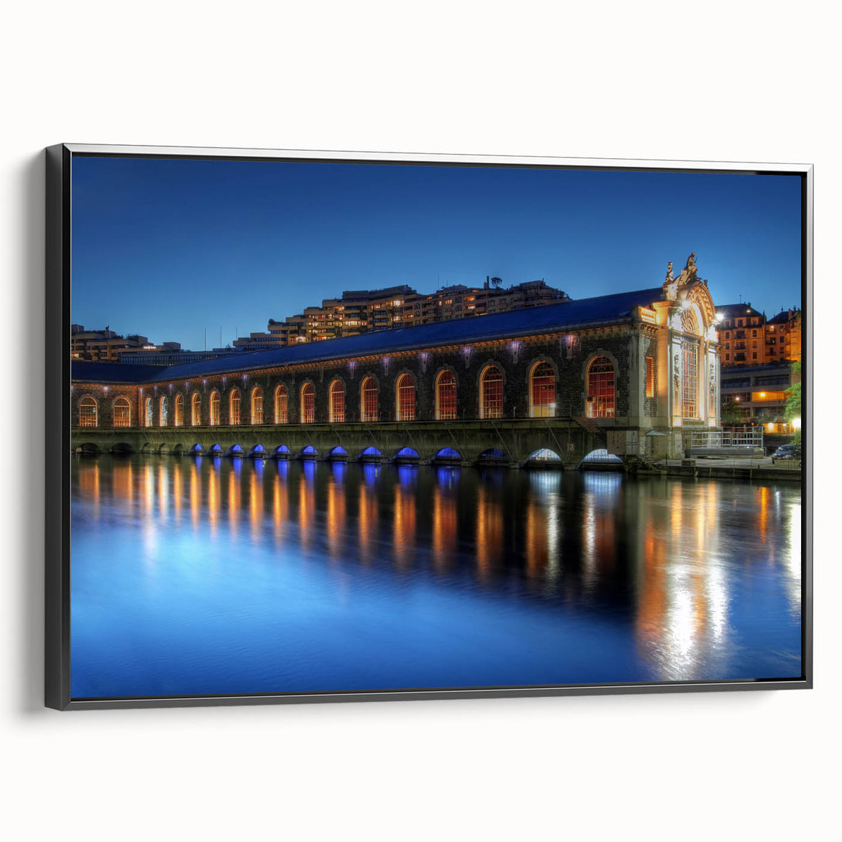 Black and white landscape art painting of Geneva, framed canvas, ideal for bedroom wall decor.