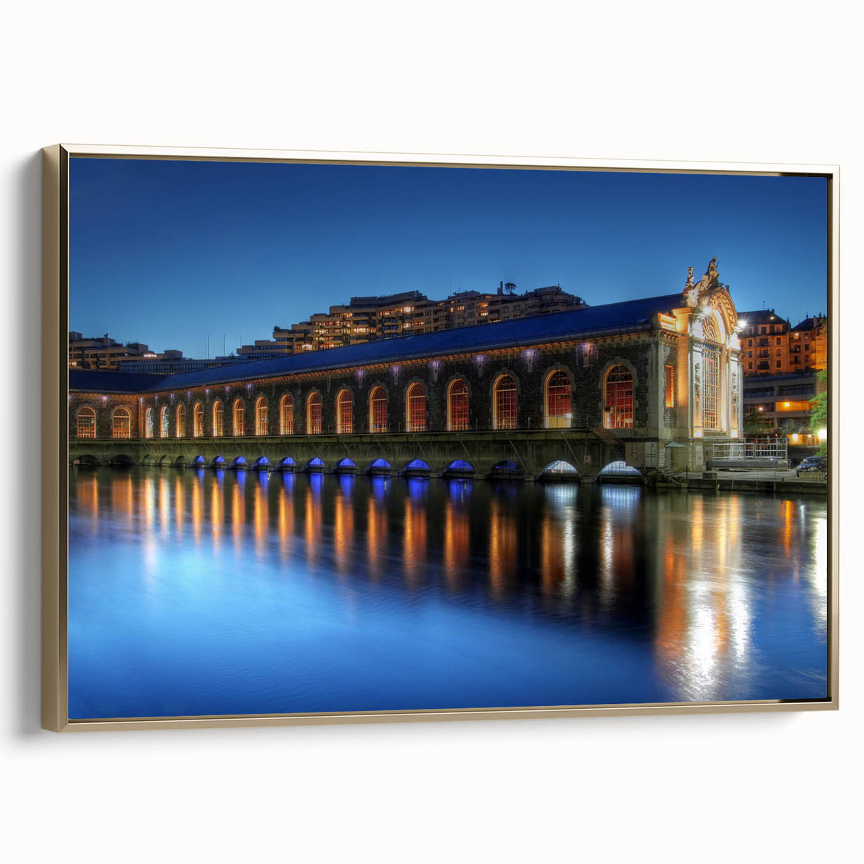 Framed canvas depicting a vintage-style Geneva landscape in black and gold tones, ideal for bedroom wall art.