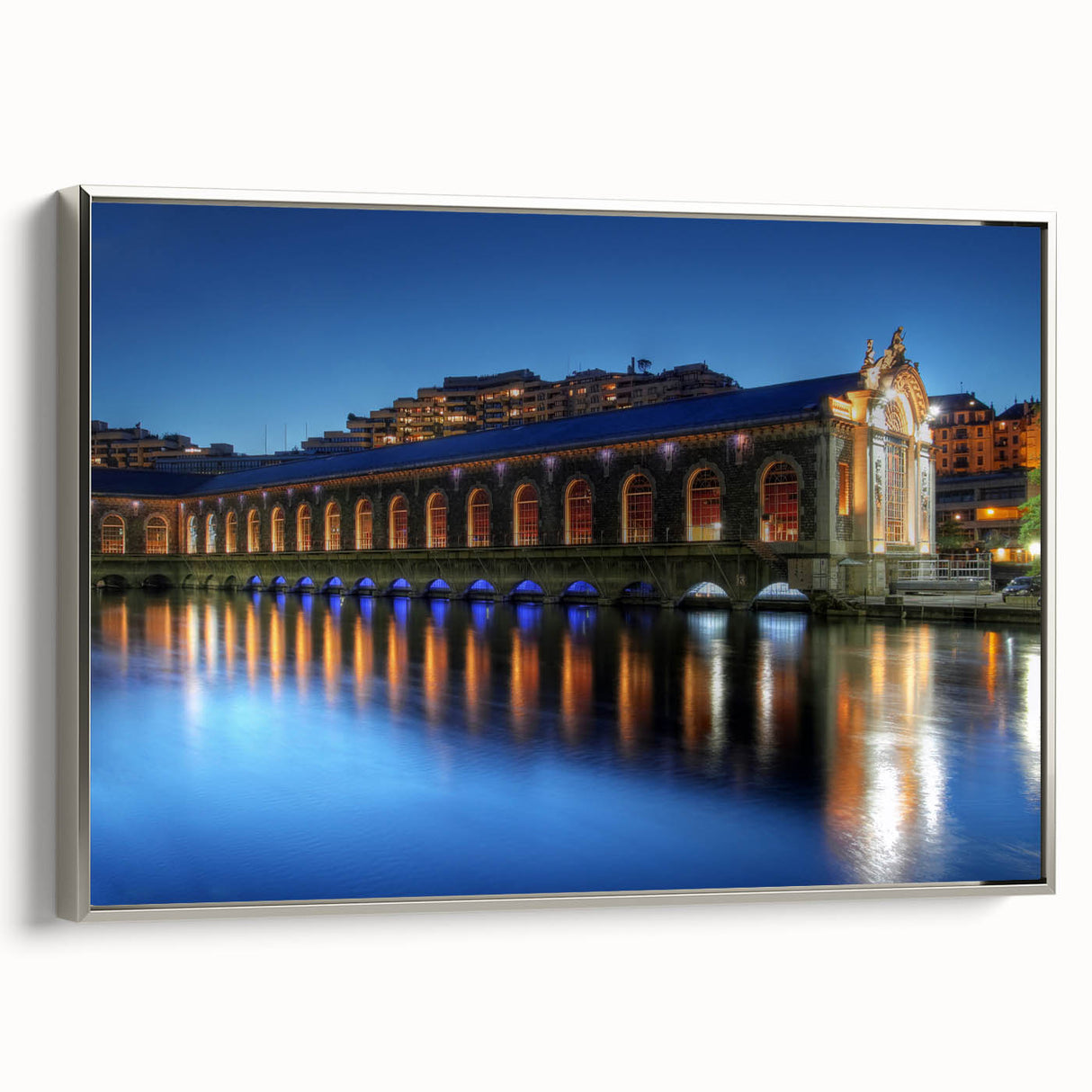 Framed canvas landscape art painting of Geneva with colorful vintage poster style on a black background.