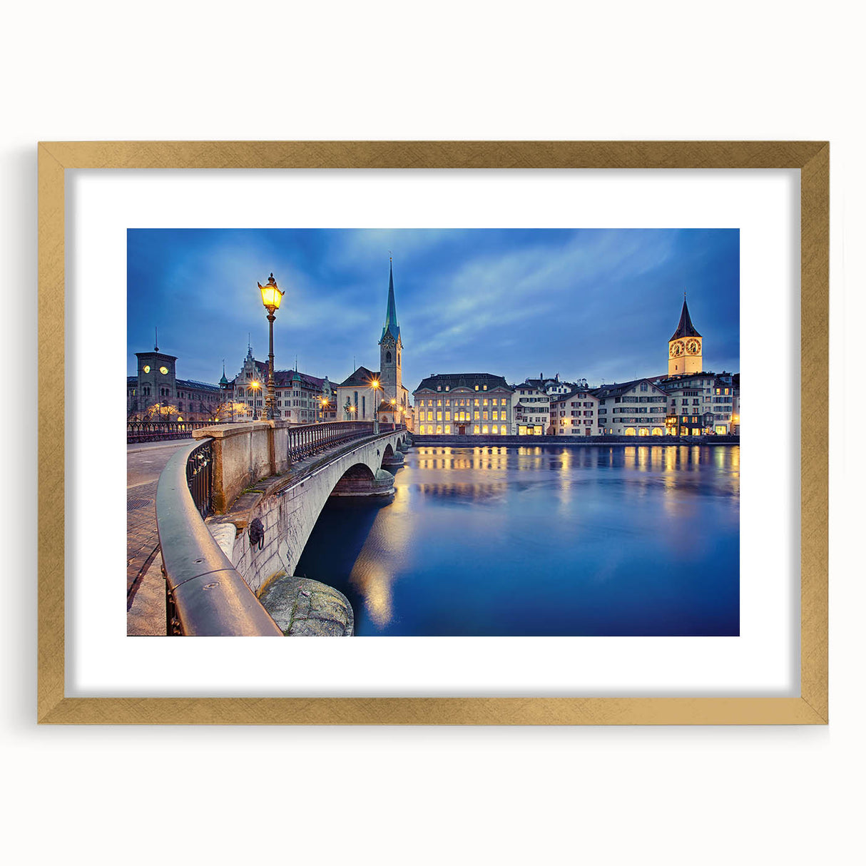 Extra large abstract art print featuring textured Swiss landscape in muted earth tones, framed in gold.