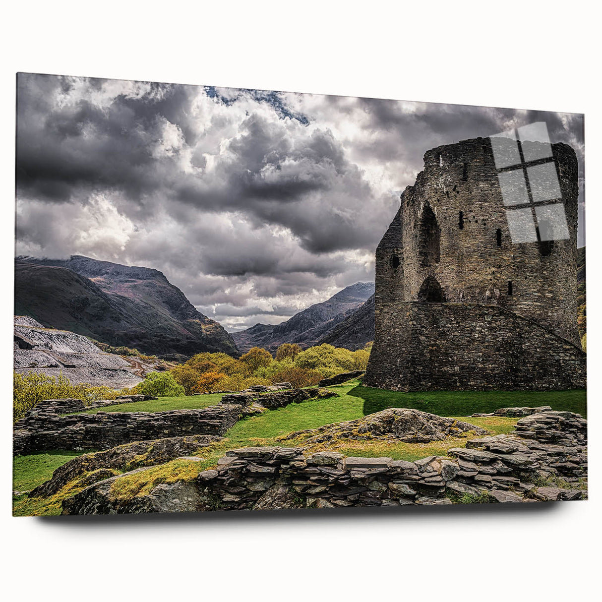 Acrylic print of a serene Welsh landscape in muted green and blue tones, ideal for bedroom or dining room decor.
