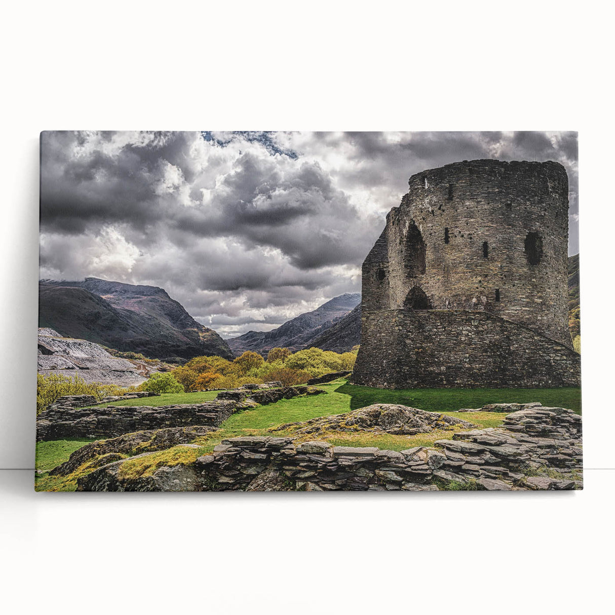 Black and white photograph of a serene Welsh landscape on stretched canvas, ideal for kitchen wall art or bedroom decor.